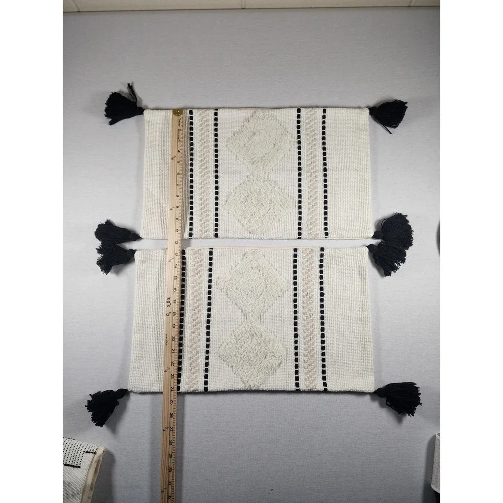 Boho Textured Tassel Pillow Cover Set 3pc Cream‎ Black Geometric Tufted NWOT